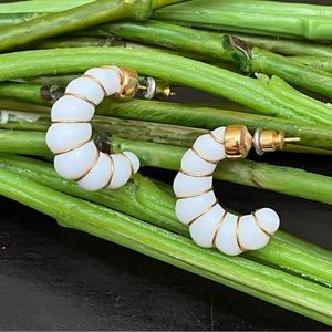 Vintage White Plastic Resin Cyclade Style Gold Wire Wrapped Hoop Earrings
